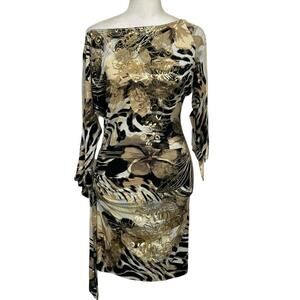 Cache Y2K Animal Print Ruched Bodycon Dress Gold Metallic XS Glam Mob Wife